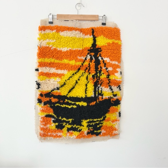 Vintage Latch Hook Rug Wall Tapestry Sailboat in Sunset Orange Yellow No Border - Picture 1 of 4
